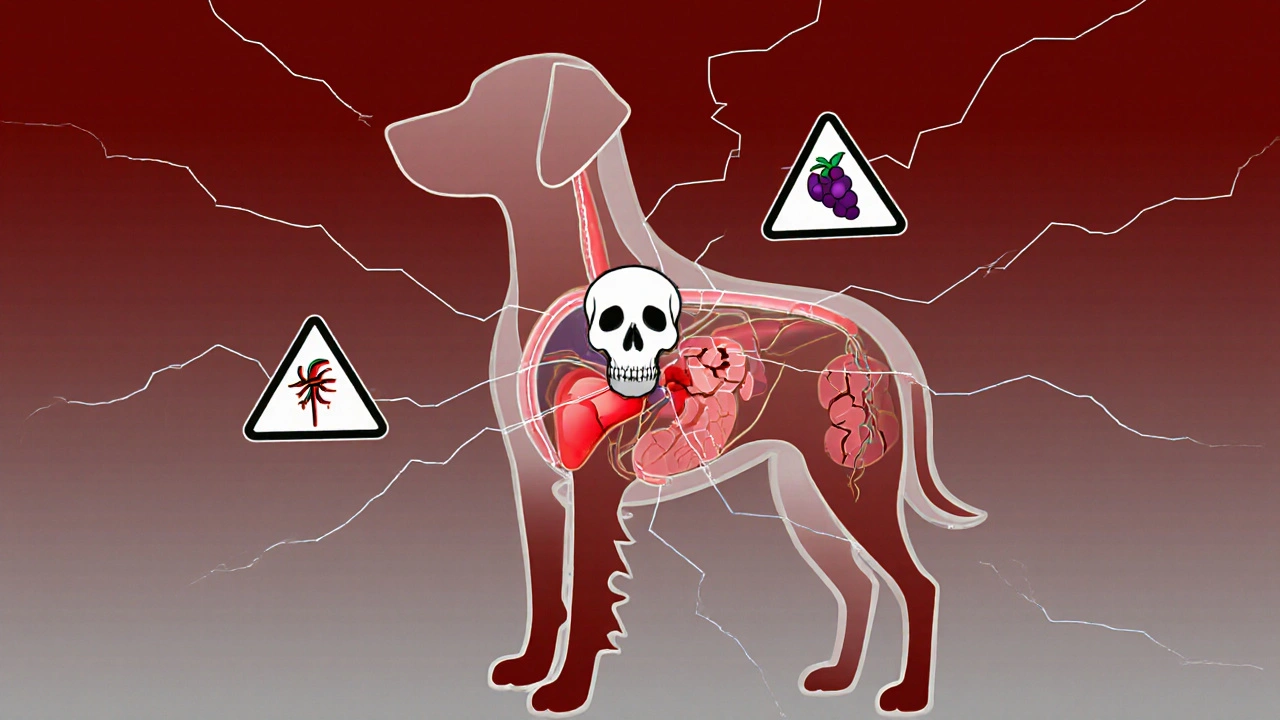 Прозрачное изображение внутренних органов собаки с символами отравления: череп, разрушенные клетки, трещины на почках.