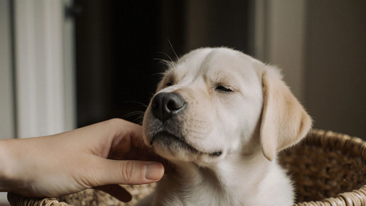 Рука человека осторожно касается корзинки щенка, который спит спокойно, с закрытыми глазами.
