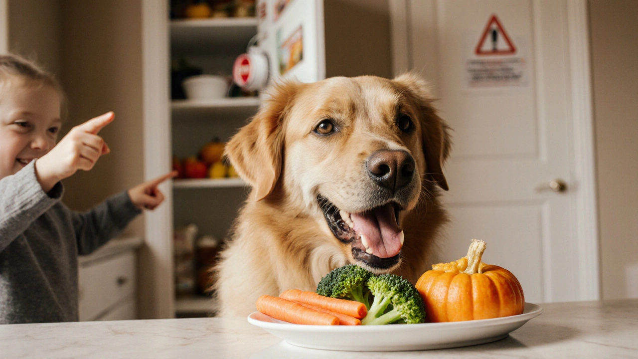 Счастливая собака ест безопасные овощи, опасные продукты спрятаны.