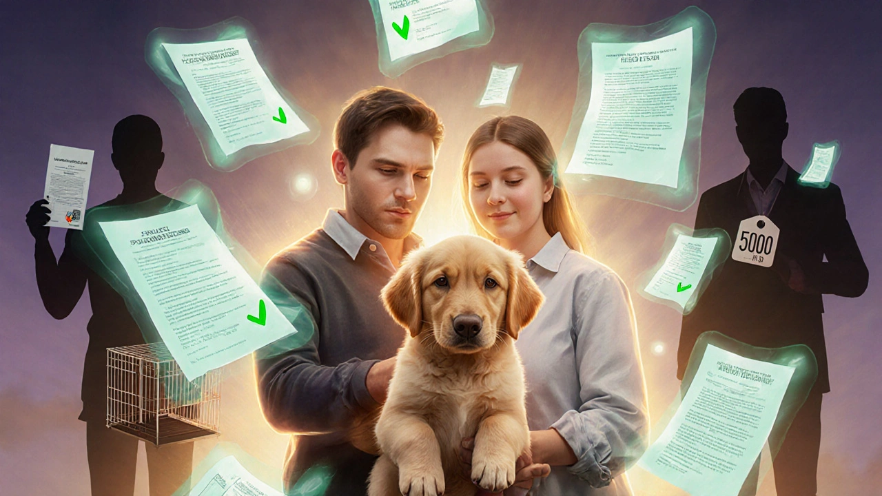 Семья с щенком, окруженная прозрачными документами о здоровье, а мошенники исчезают в тени.