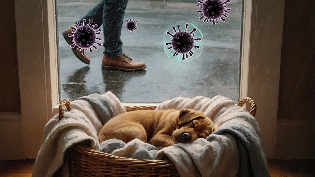 Щенок спит в корзине, а снаружи через окно проходит мокрая обувь.