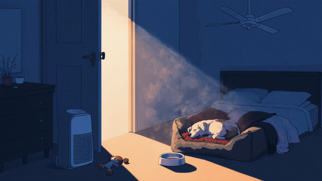 Щенок спит в мягкой кроватке с бортиками рядом с приоткрытой дверью, в тихой комнате с туманом увлажнителя.