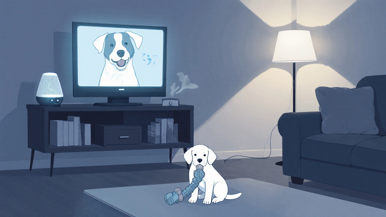 Щенок спокойно жует игрушку в комнате с мягким светом и тихим телевизором.