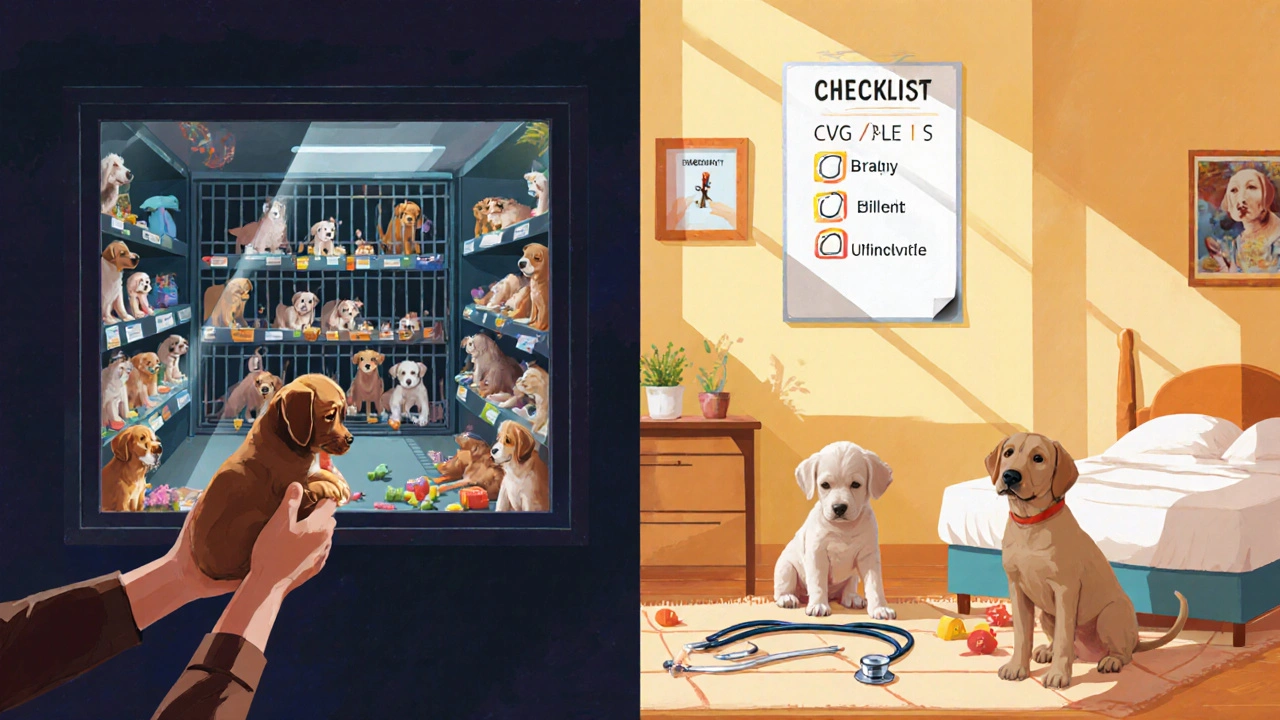 Щенок в тёмном зоомагазине против светлого безопасного дома с ветеринарным чек-листом.