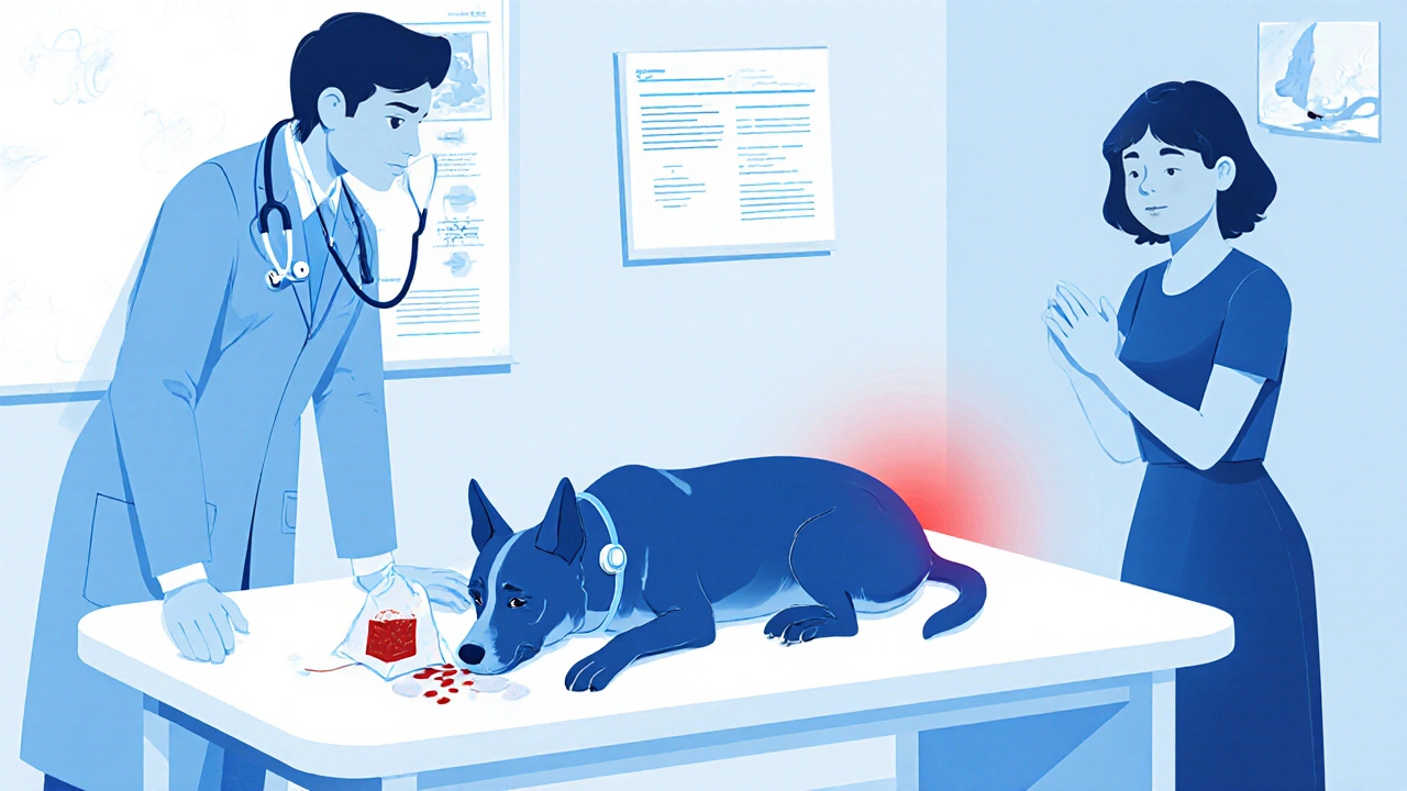 Ветеринар осматривает дрожащую собаку, хозяин обеспокоен.