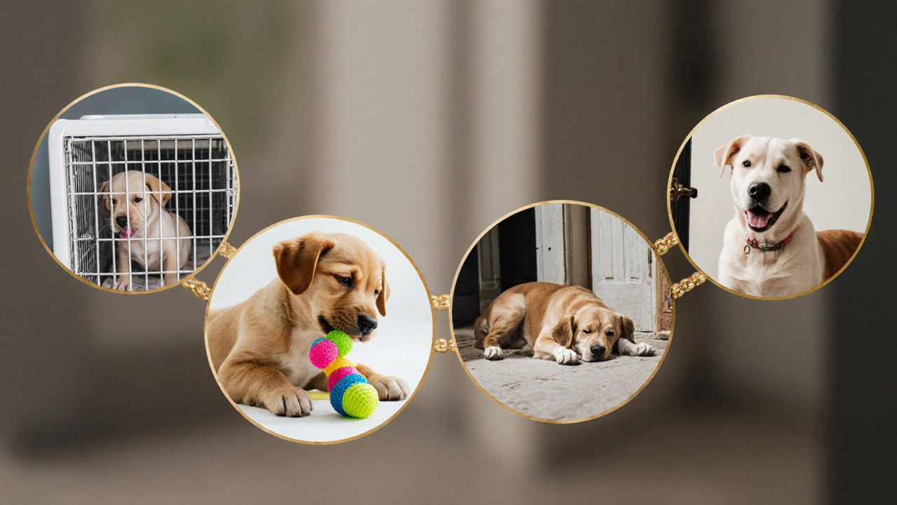 Визуальная хронология роста щенка от страха к спокойствию при одиночестве.