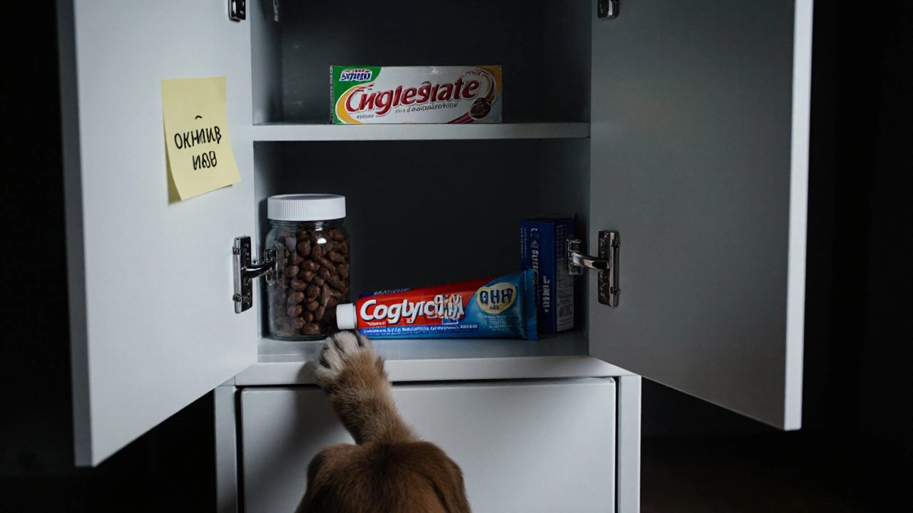 Запертый кухонный шкаф с токсичными продуктами, лапа собаки тянется к щели в дверце.