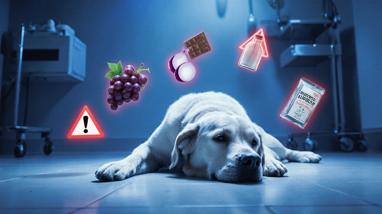 Больная собака на полу ветклиники, вокруг неё — символы токсичных продуктов.