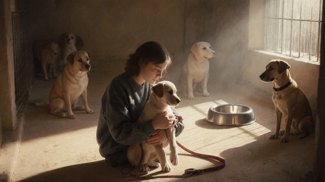 Человек держит спасённого щенка в тихом приюте, мягкий свет и спокойная атмосфера.