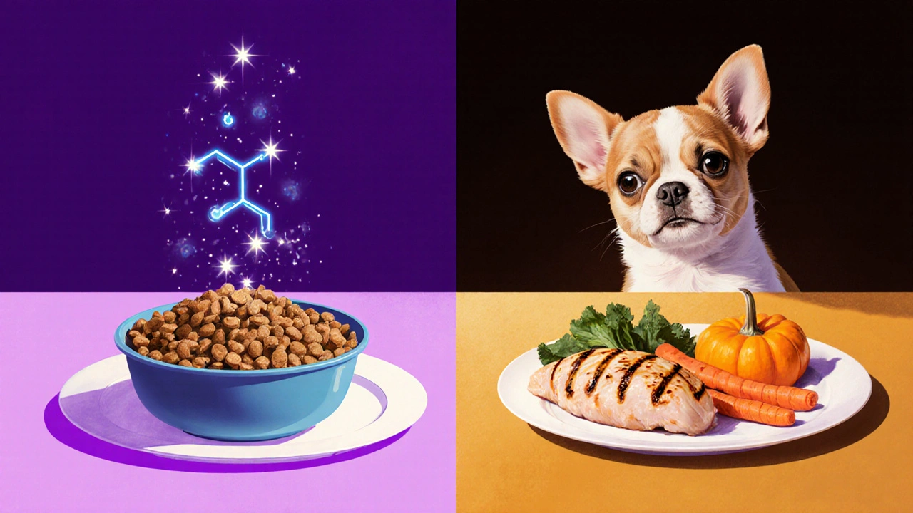 Два блюда: дешевый корм и натуральная еда, собака смотрит между ними.