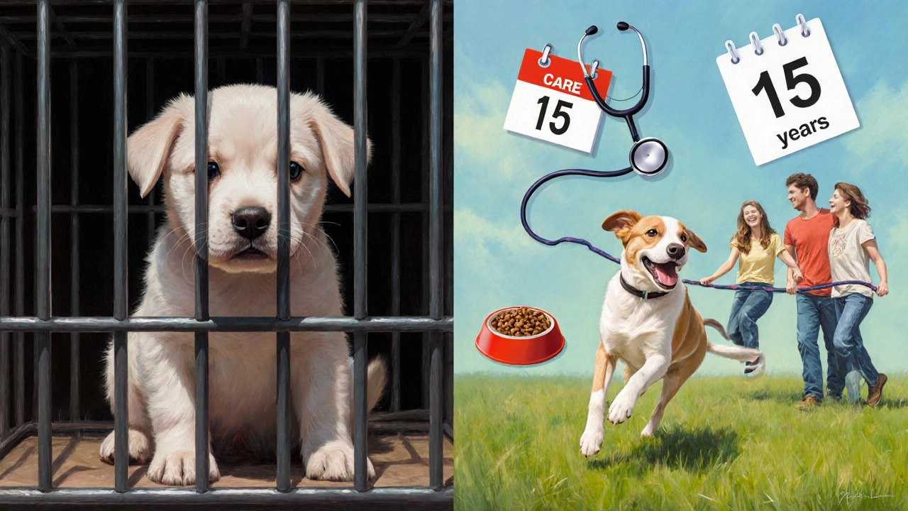 Два мира: щенок в клетке зоомагазина и щенок с семьёй на свежем воздухе — символ ответственного выбора.