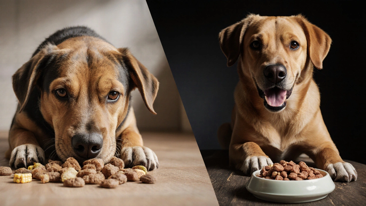 Два пса: один с тусклой шерстью на дешевом корме, другой с блестящей шерстью на премиум-корме — контраст питания.