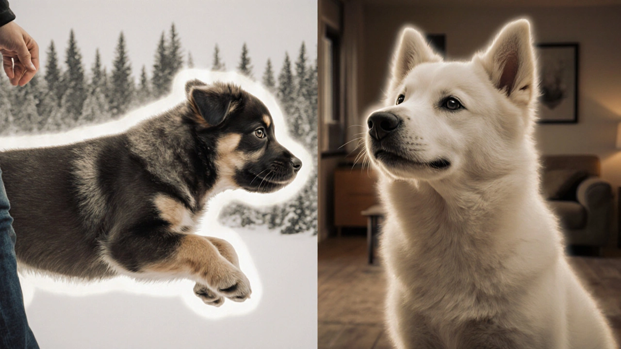 Два щенка: один активный, другой спокойный, с визуальными символами их темперамента.