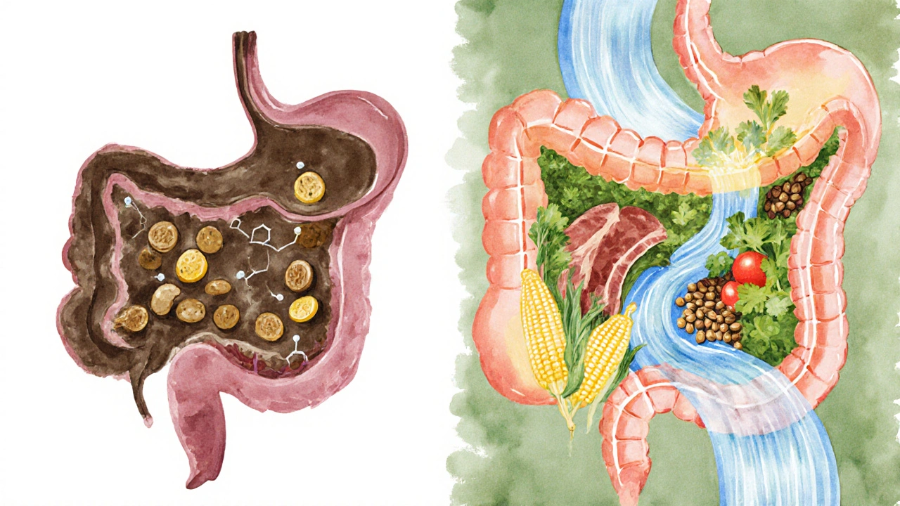 Художественное изображение пищеварения собаки: слева — переработанный корм, справа — натуральные ингредиенты.