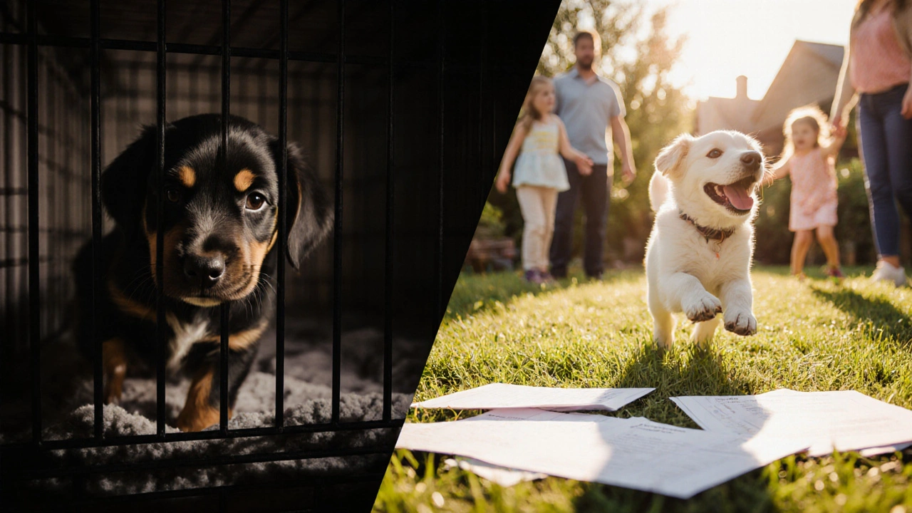Контраст: один щенок в темной клетке, другой — в солнечном саду с семьёй.
