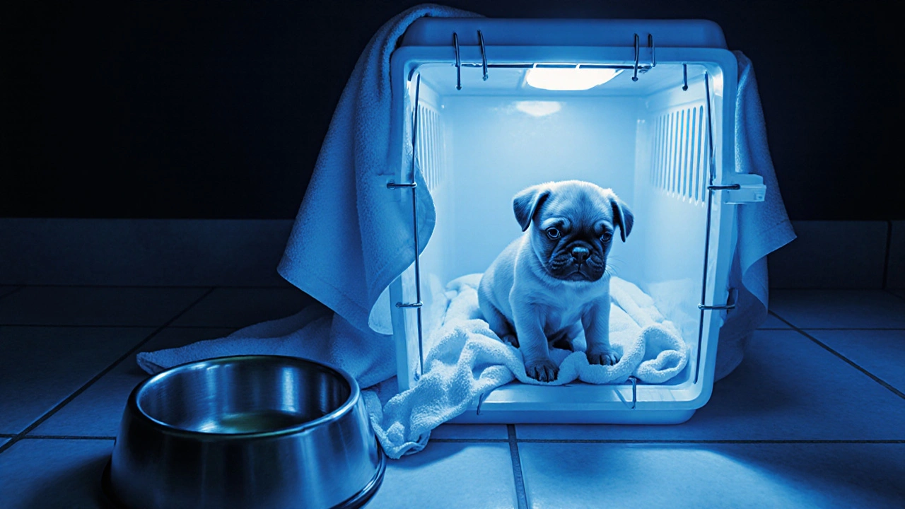 Маленький щенок в переноске дрожит в темноте, один и напуганный.