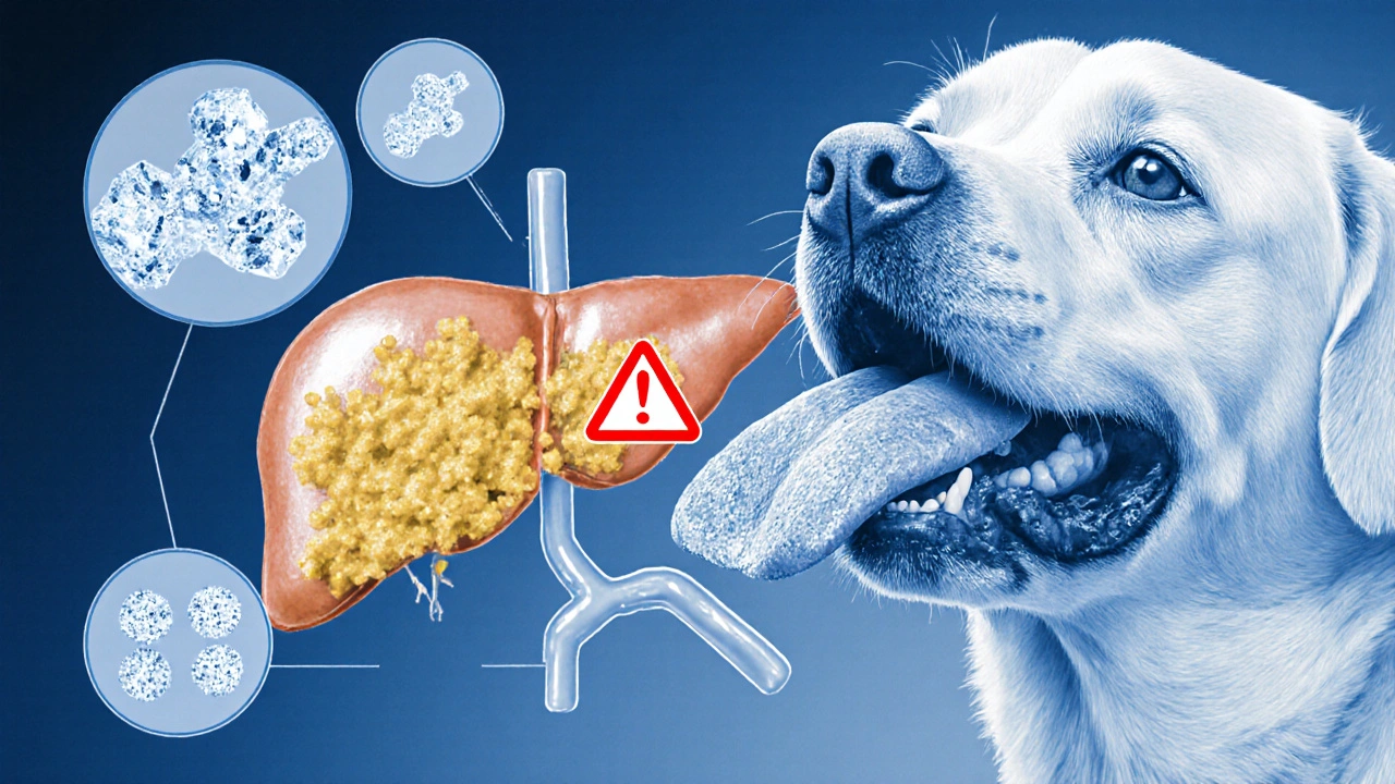 Микроскопический вид языка собаки с перегруженными рецепторами и жировой дистрофией печени.