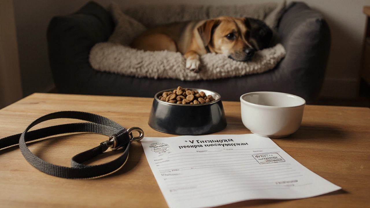 На деревянном столе лежат поводок, миска и ветеринарный документ.