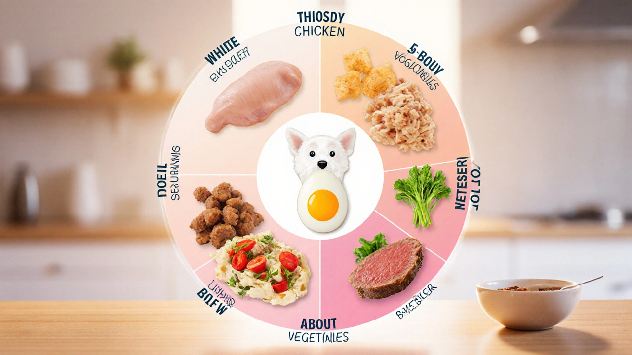 Недельный рацион собаки с вареным яйцом как одним из компонентов.