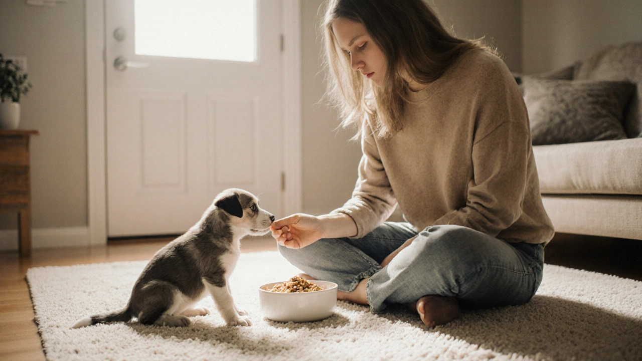 Новый хозяин предлагает еду осторожному щенку в тихой комнате.