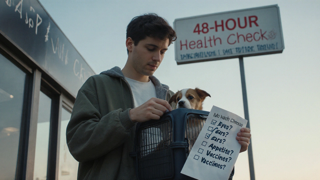 Новый владелец стоит у ветеринарной клиники с переноской и списком проверок для щенка.