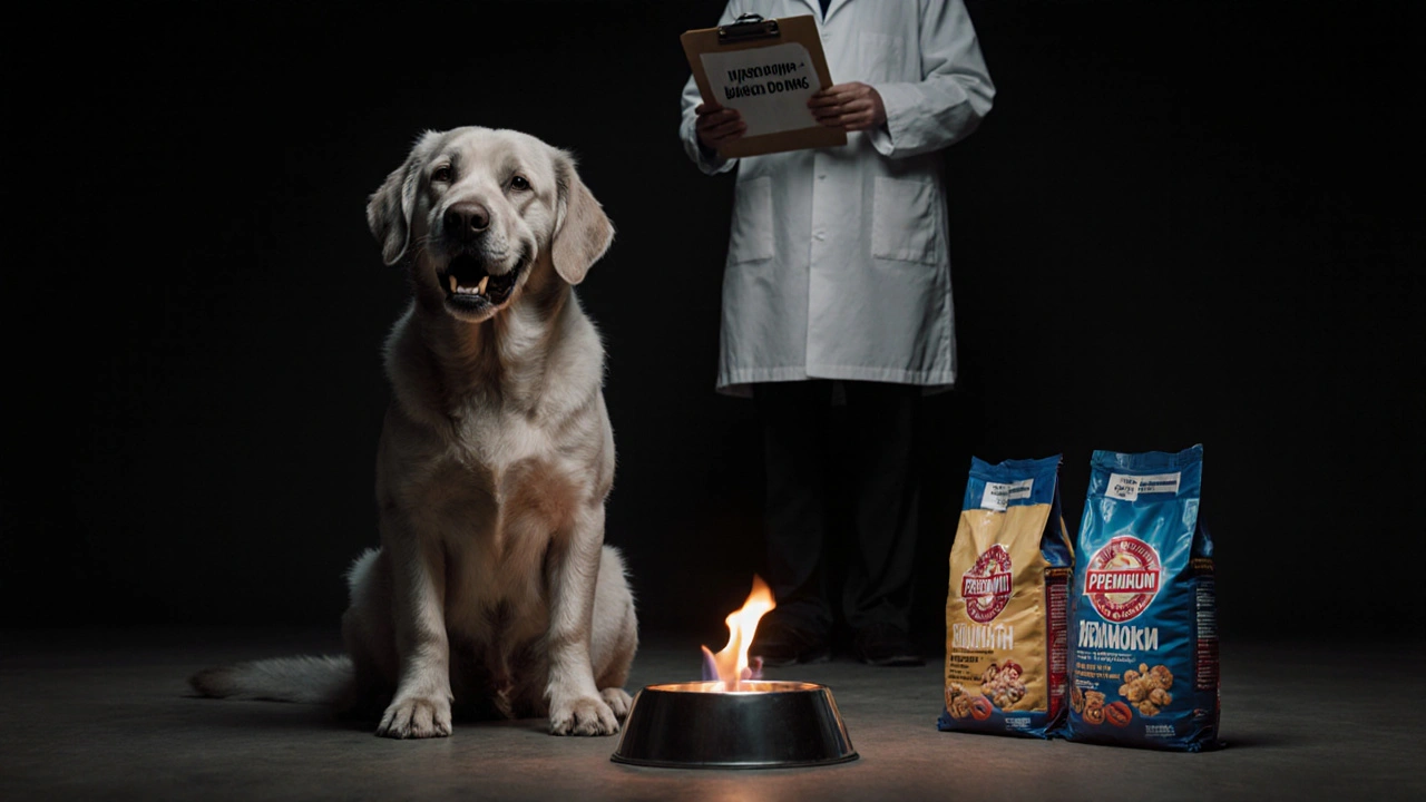 Пожилая собака у пустой миски с водой, за ней — тень человека с документами о вреде сухого корма.