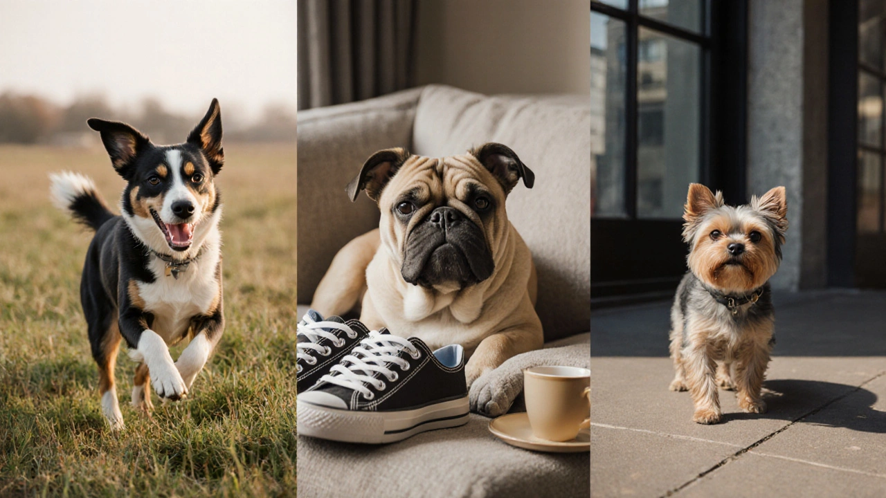 Разные породы собак в контексте их идеального образа жизни: бег, отдых, городская прогулка.