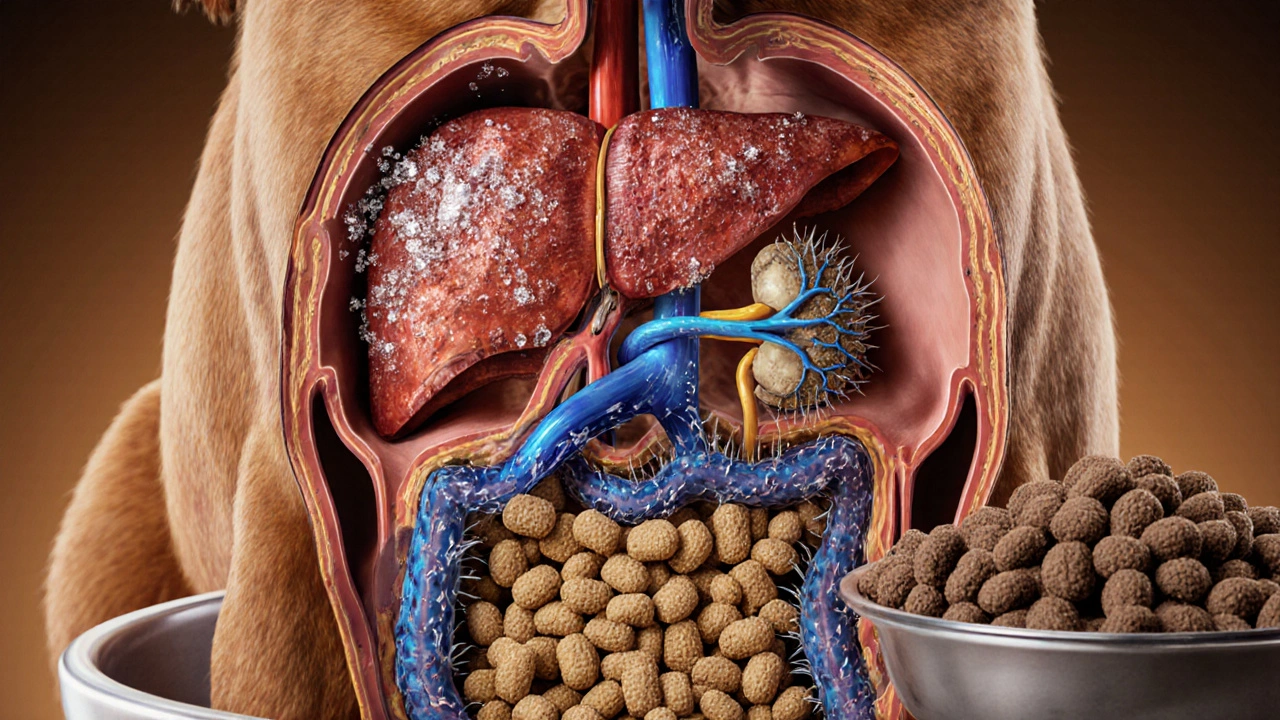 Разрез тела собаки, показывающий поврежденную печень, почки и вредные бактерии в кишечнике от сухого корма.