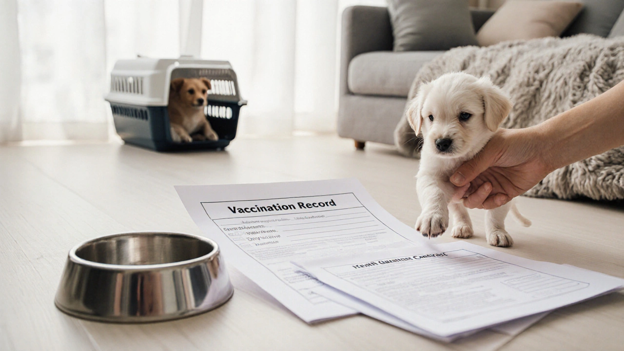 Рука держит лапу щенка, рядом — ветеринарные документы и предметы ухода.