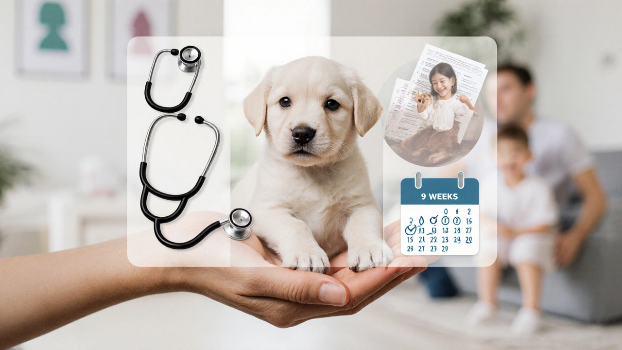 Рука держит щенка, а вокруг — символы здоровья, социализации и правильного возраста для забора.