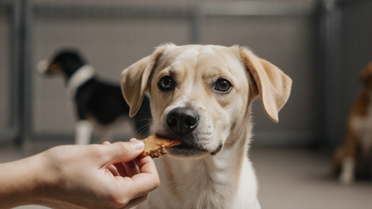 Рука предлагает лакомство взрослому щенку из приюта, его взгляд полон доверия.