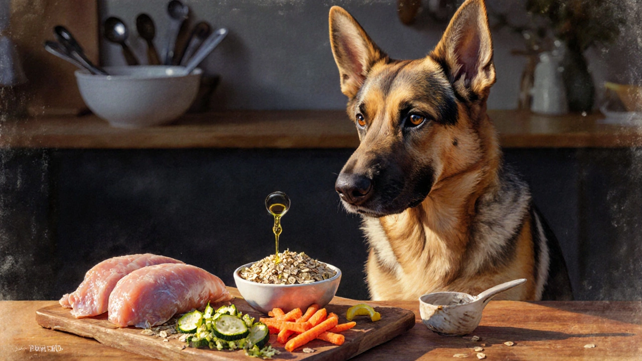 Сбалансированный домашний рацион для собаки: мясо, овощи, крупы и масло на деревянной доске.