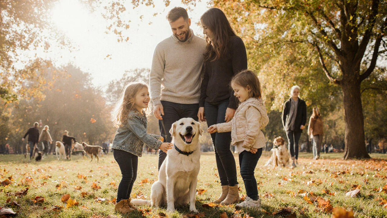 Семья гуляет в парке с взрослой собакой, которая спокойно сидит рядом.