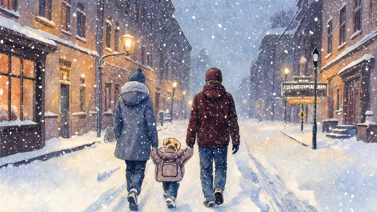 Семья идёт домой с щенком в одеяле под снегом в тёплом свете улицы.