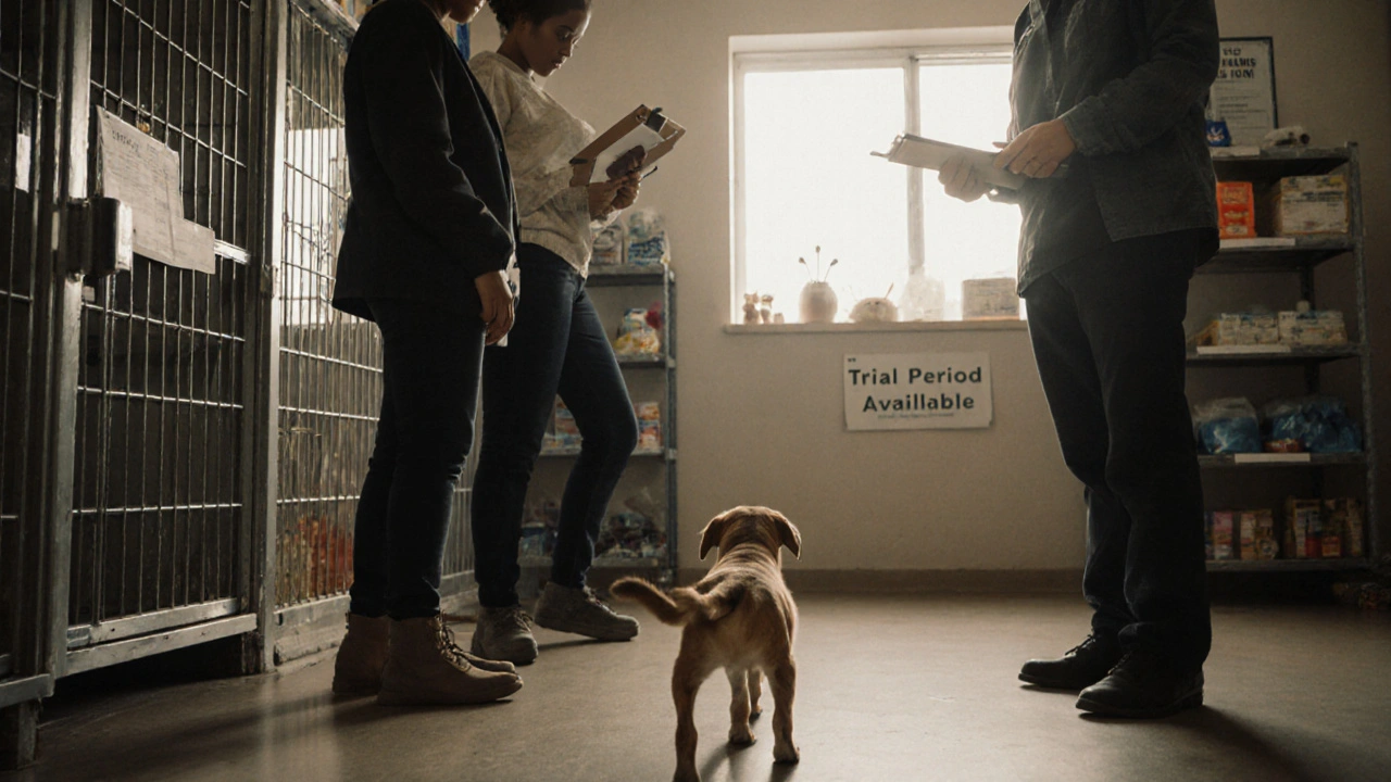 Семья в приюте осторожно знакомится с щенком, который проявляет осторожное доверие.