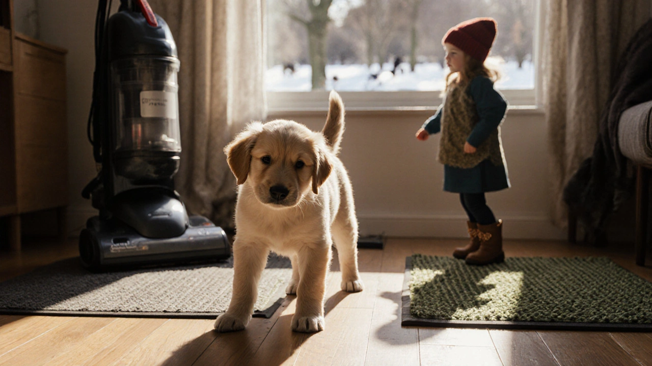 Щенок дома знакомится с звуками и текстурами улицы, не выходя на улицу, в безопасной обстановке.