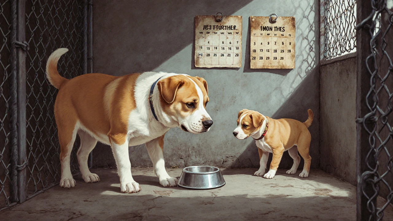 Щенок из второго помета агрессивно конкурирует за еду в тесном вольере, другой щенок боится.