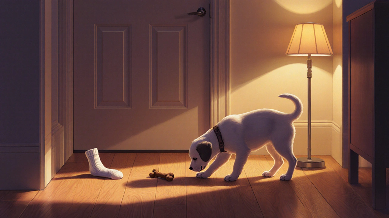 Щенок осторожно исследует пол, рядом лежат игрушка и носок.