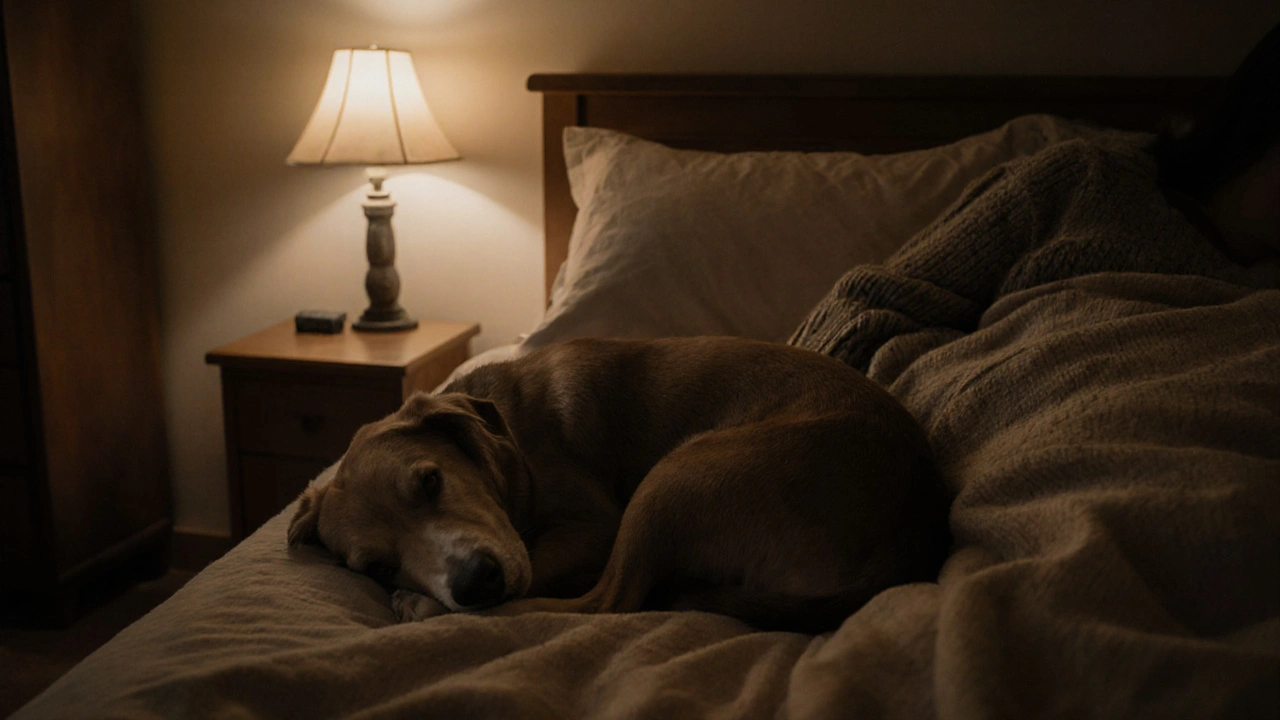 Щенок спит рядом с кроватью, на нём тёплое полотенце с запахом хозяина.