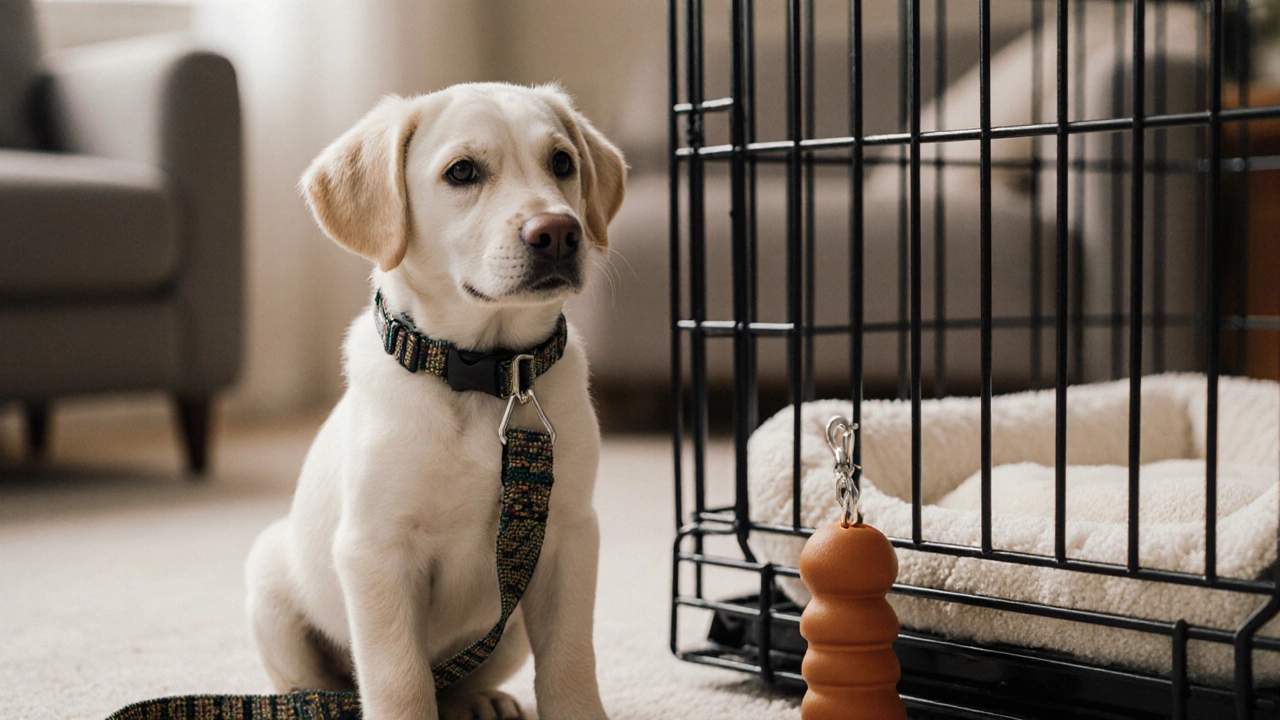 Щенок в ошейнике и поводке рядом с переноской с мягкой подстилкой.