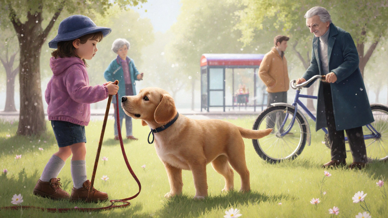 Щенок в парке знакомится с разными людьми в возрасте 12 недель, спокойно исследуя окружающий мир.