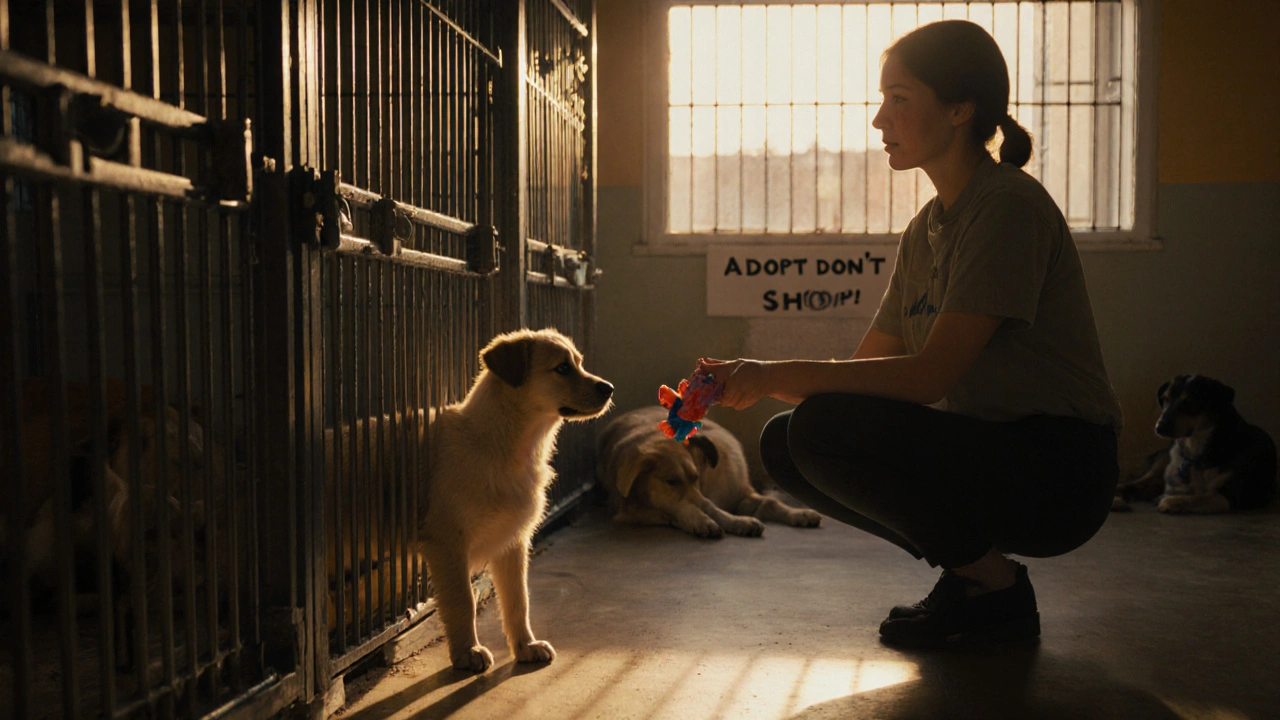 Щенок в приюте смотрит из клетки, волонтер предлагает ему игрушку.