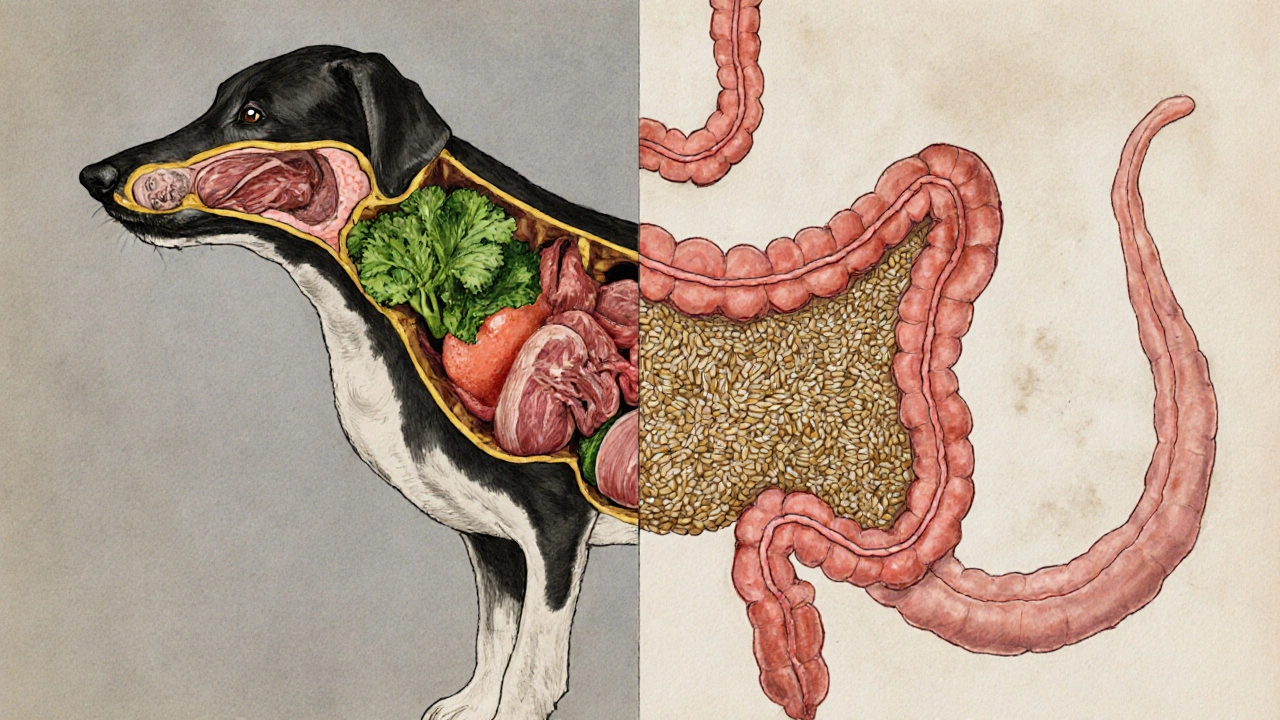 Схематическое изображение здорового и перегруженного углеводами пищеварительного тракта собаки.