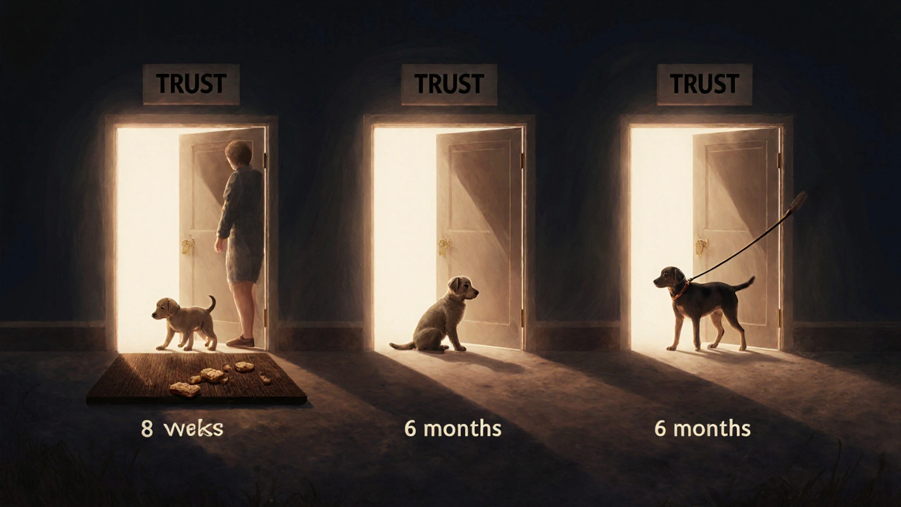 Символическая сцена развития щенка от 8 недель до 6 месяцев: от лакомства к спокойной прогулке на поводке.