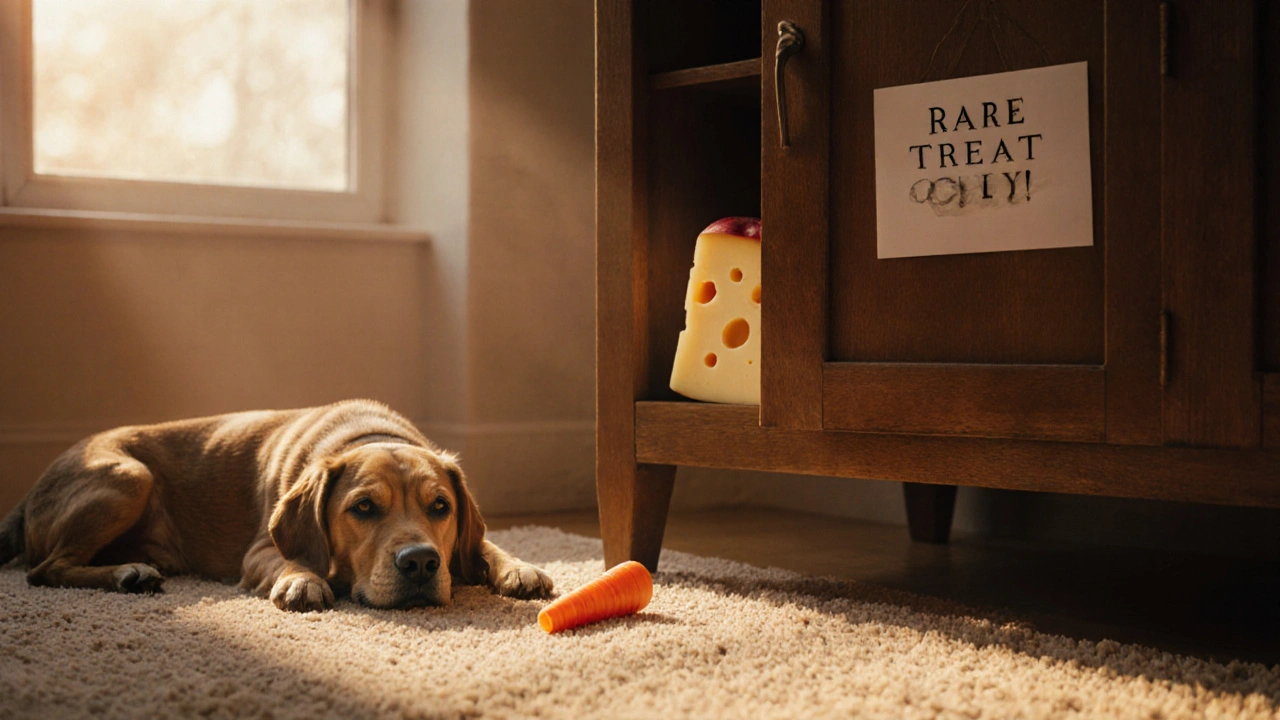 Собака отдыхает рядом с морковкой и яблоком, а сыр спрятан в шкафу с надписью &#039;редко&#039;.