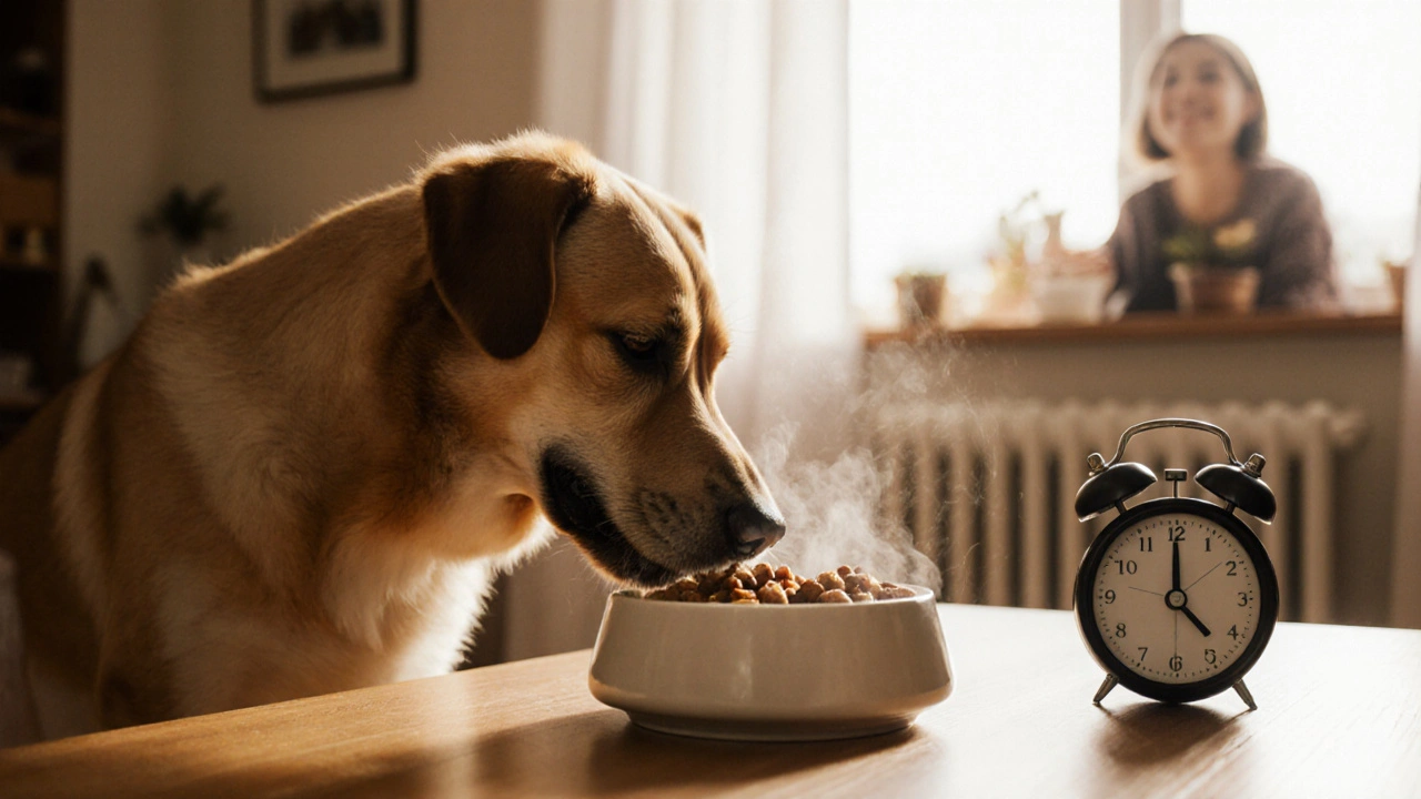 Собака спокойно ест тёплый корм на кухонном столе в уютном доме.