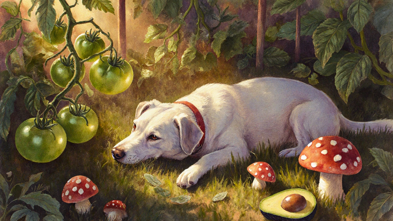Собака упала в саду среди ядовитых растений: зеленых помидоров и грибов.