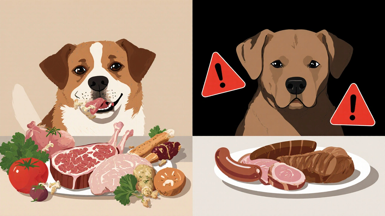 Сравнение безопасного и опасного мяса для собак: с одной стороны — постное мясо, с другой — жирная свинина и колбасы.