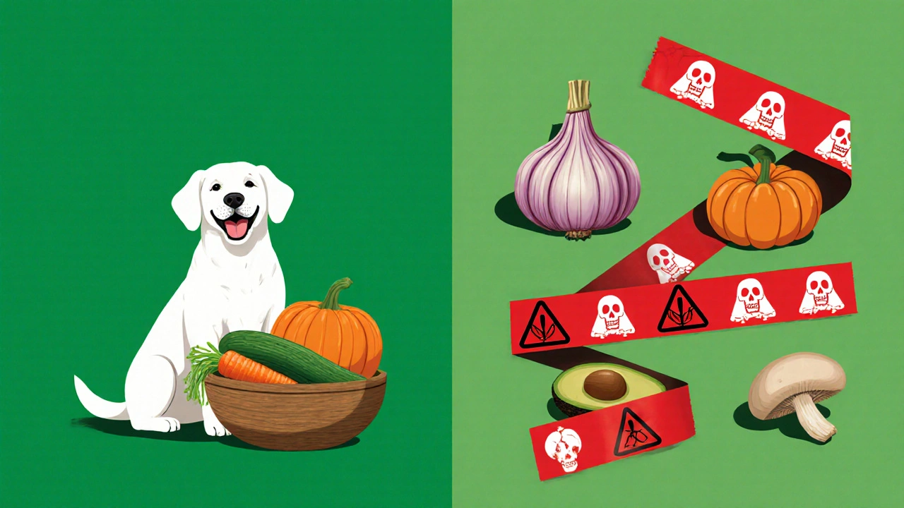 Сравнение безопасных и опасных овощей для собак: слева — морковь и тыква, справа — лук и авокадо с предупреждающими символами.