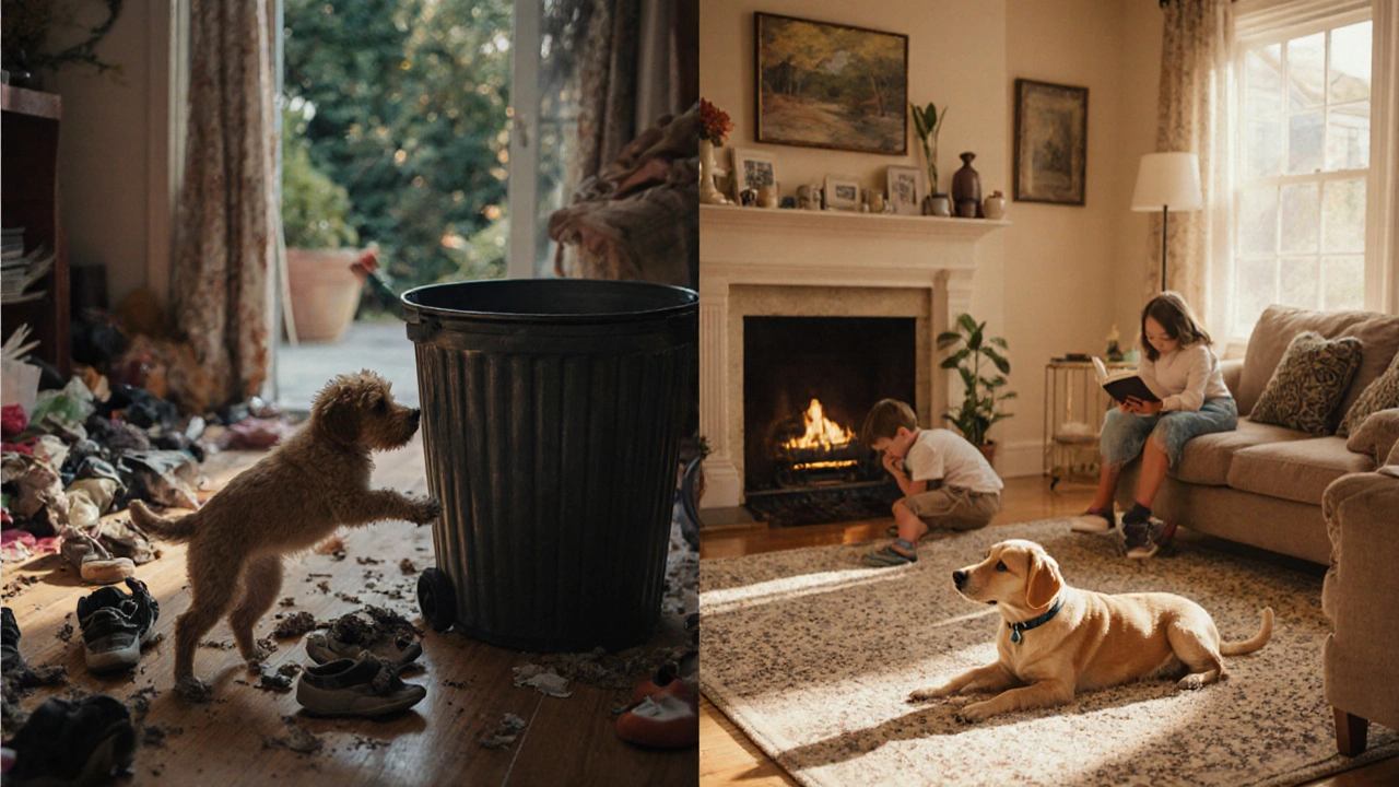 Сравнение: хаотичный дом с щенком и уютный интерьер с собакой 8 месяцев.